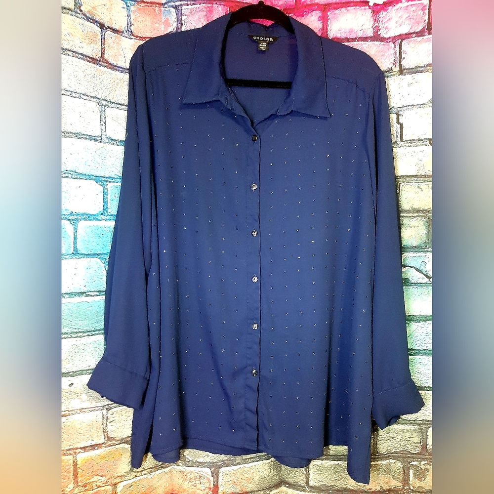 George Women's Navy Blue Rhinestone Button-Down Shirt 2X(18-20)